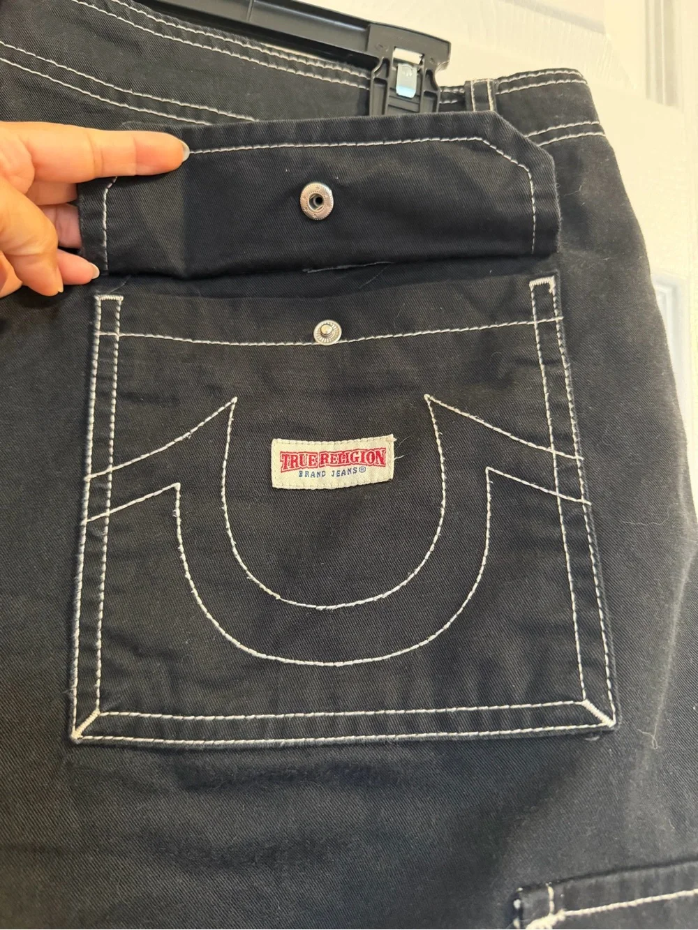 True Religion Black Men's Cargo Pants with Contrast Stitching